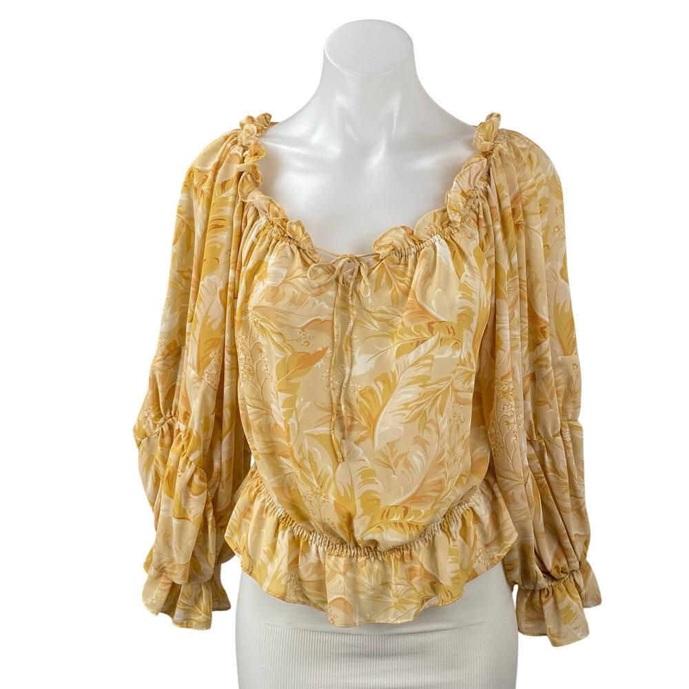 Dress Forum Women's Yellow Leaf Long Sleeve Tie Peplum Ruffle Blouse Top Size S